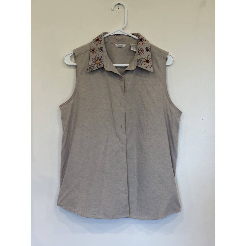 Linen Blend Sleeveless Embroidered Boho Grandmacore Cottagecore Fall Top Sz L